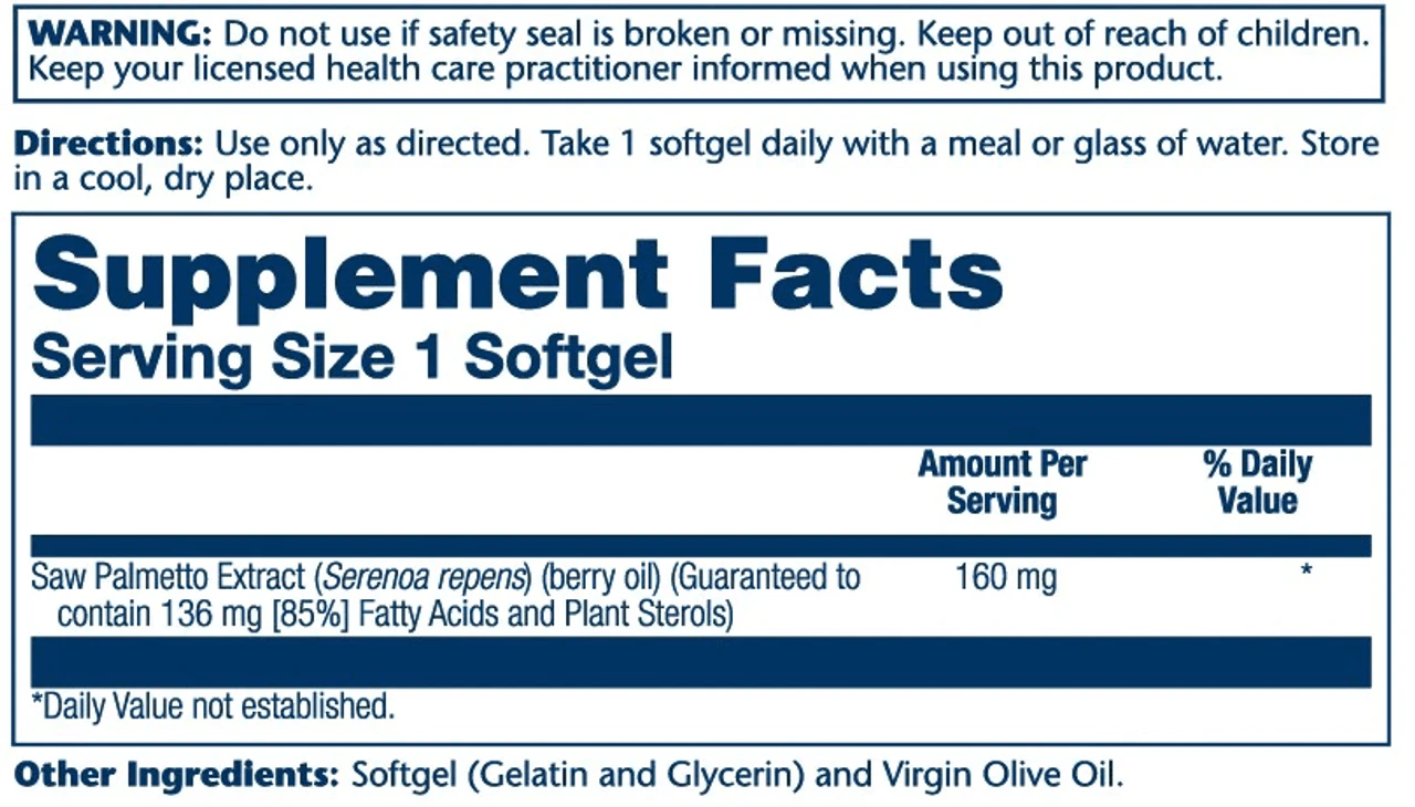 Solaray Saw Palmetto Berry Extract 160mg 120 Softgels 2 Solaray Saw Palmetto Berry Extract 160mg 120 Softgels - Image 2
