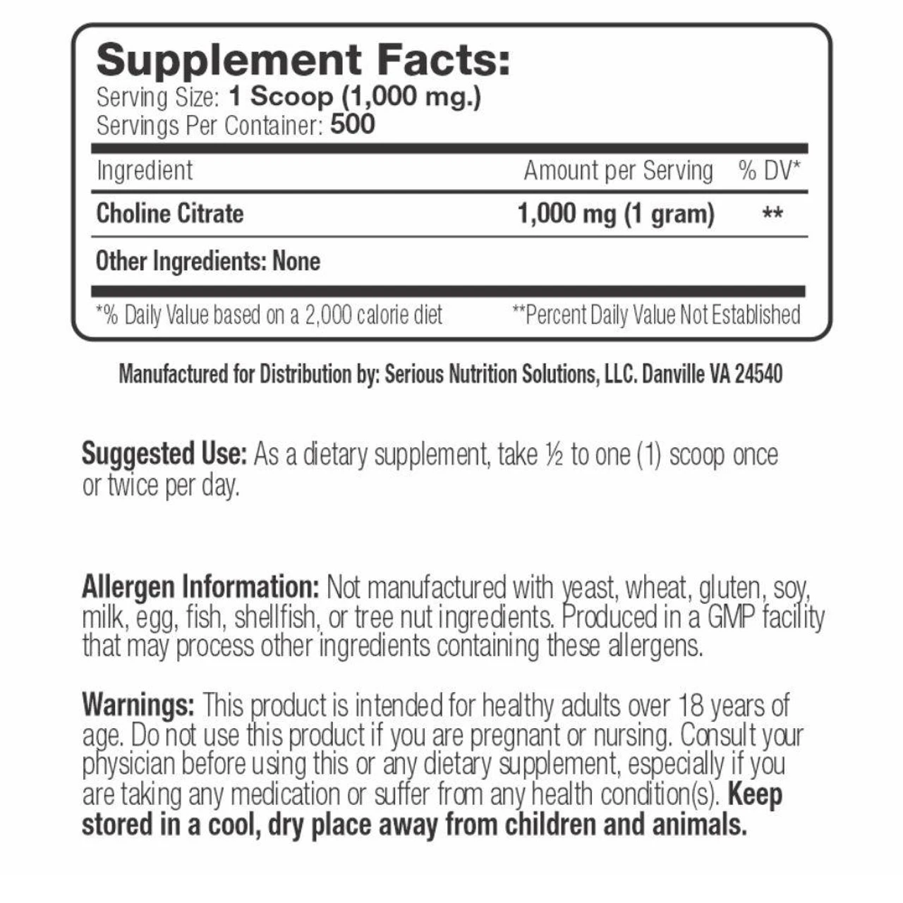 Serious Nutrition Solutions Choline Citrate 500 Grams 3 Serious Nutrition Solutions Choline Citrate 500 Grams - Image 3