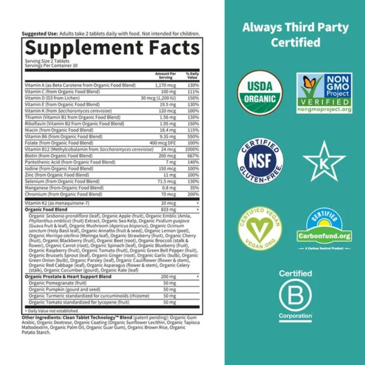 MyKind Organics Men's Multi 40+ Non-GMO 60 Tabs 2 MyKind Organics Men's Multi 40+ Non-GMO 60 Tabs - Image 2