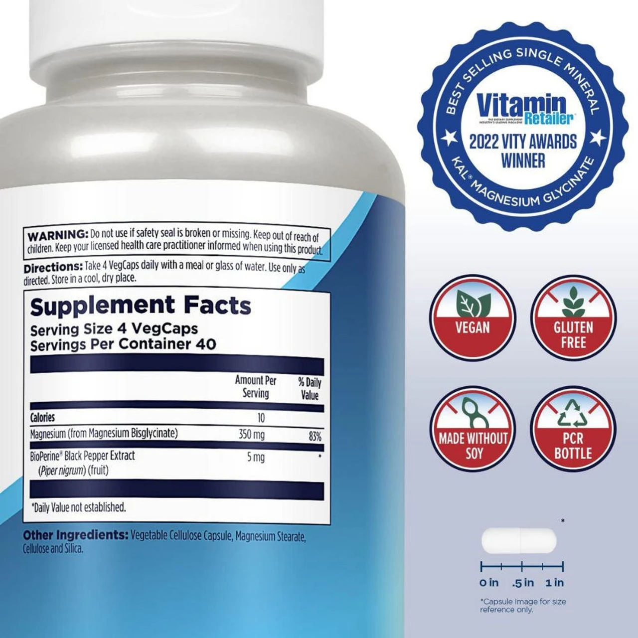 Kal Magnesium Glycinate 350mg 160 Capsules 2 Kal Magnesium Glycinate 350mg 160 Capsules - Image 2