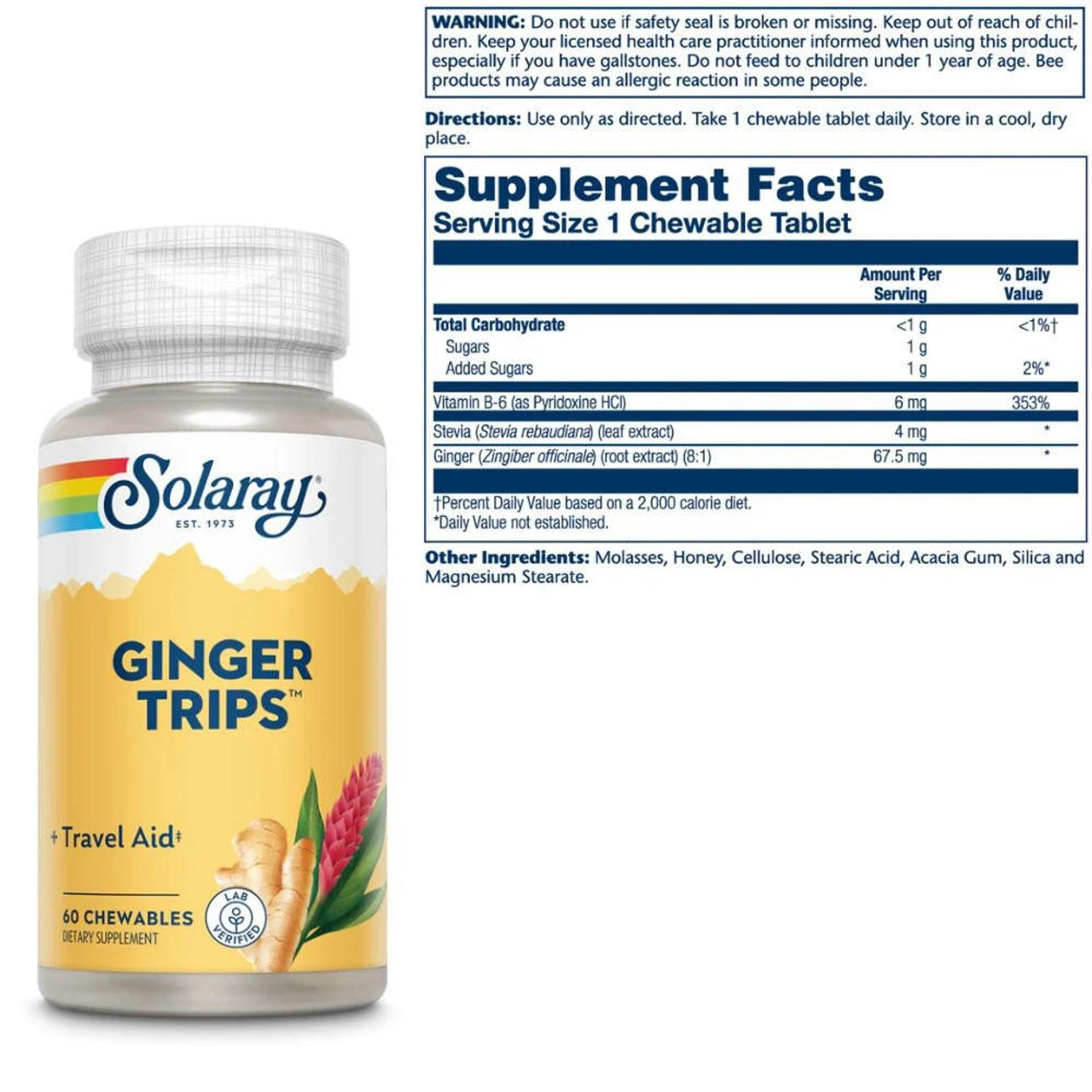 Solaray Ginger Trips 67mg 60 Chewable Wafers 2 Solaray Ginger Trips 67mg 60 Chewable Wafers - Image 2