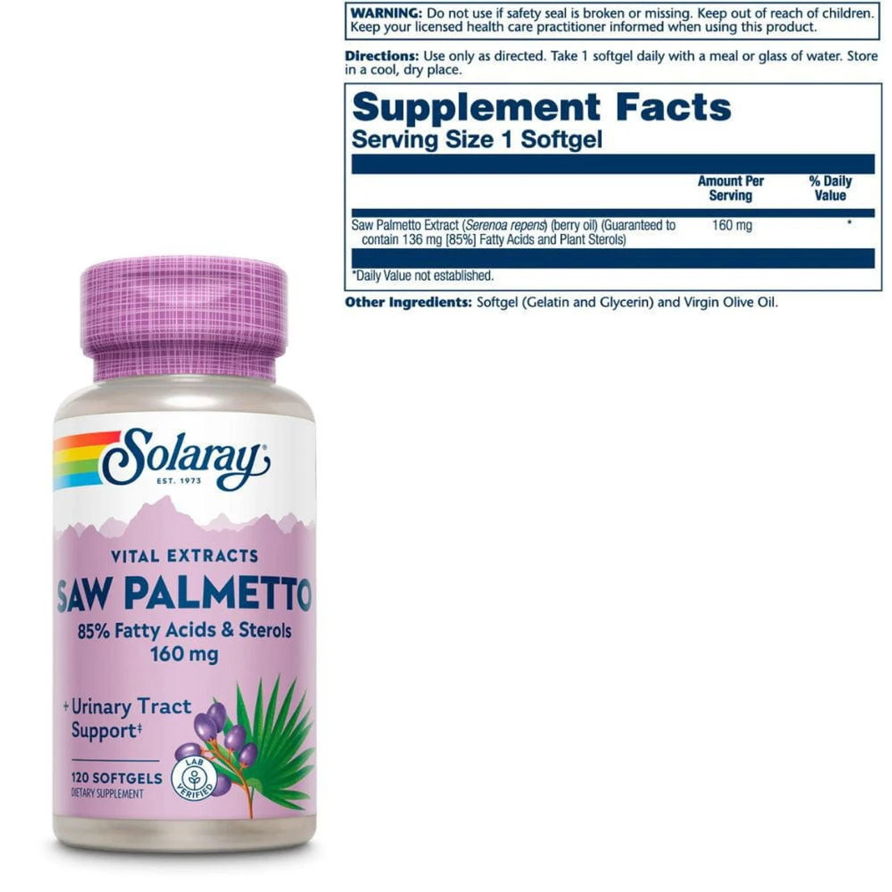 Solaray Saw Palmetto Berry Extract 160mg 120 Softgels 3 Solaray Saw Palmetto Berry Extract 160mg 120 Softgels - Image 3