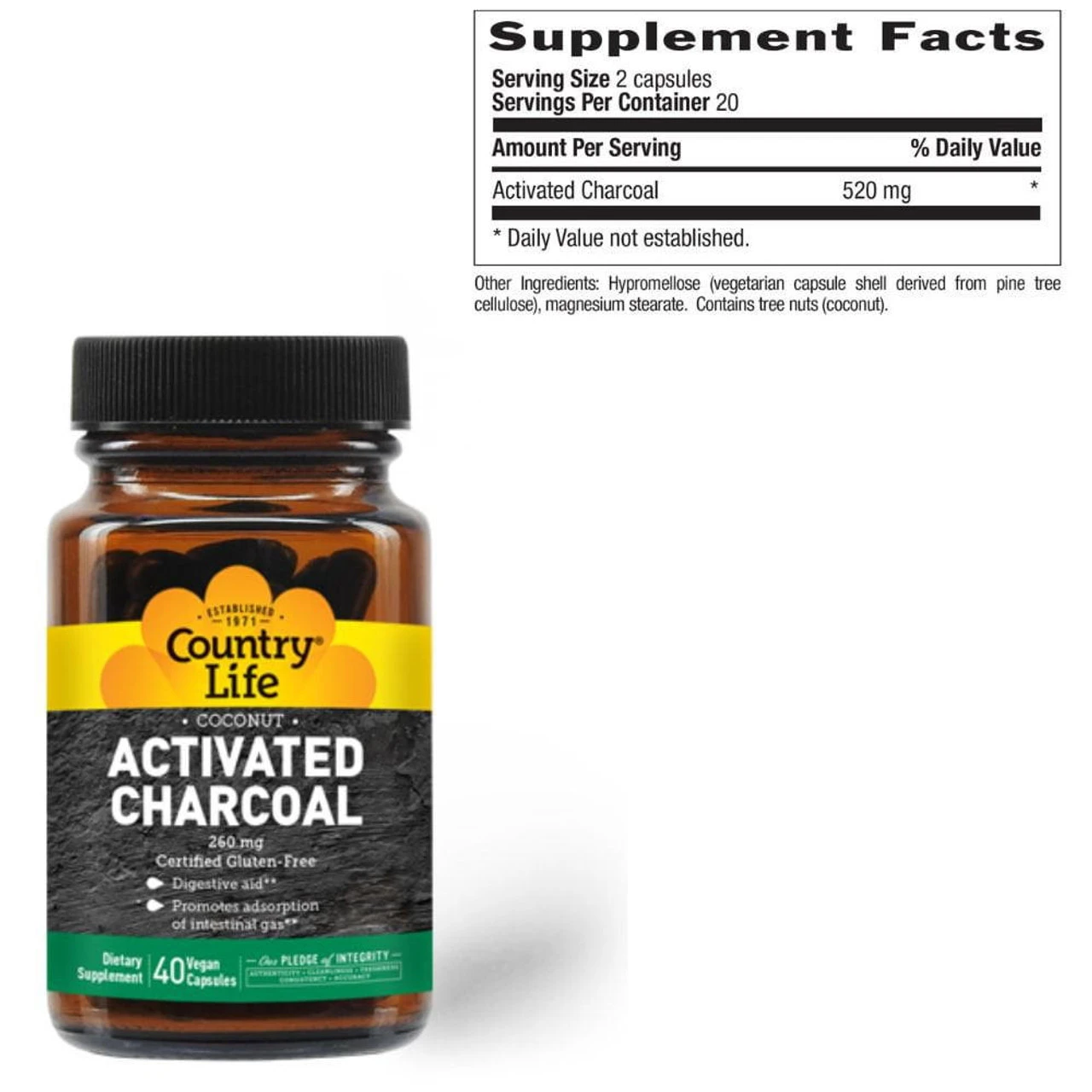 Country Life Activated Charcoal 260mg 40 Capsules 2 Country Life Activated Charcoal 260mg 40 Capsules - Image 2