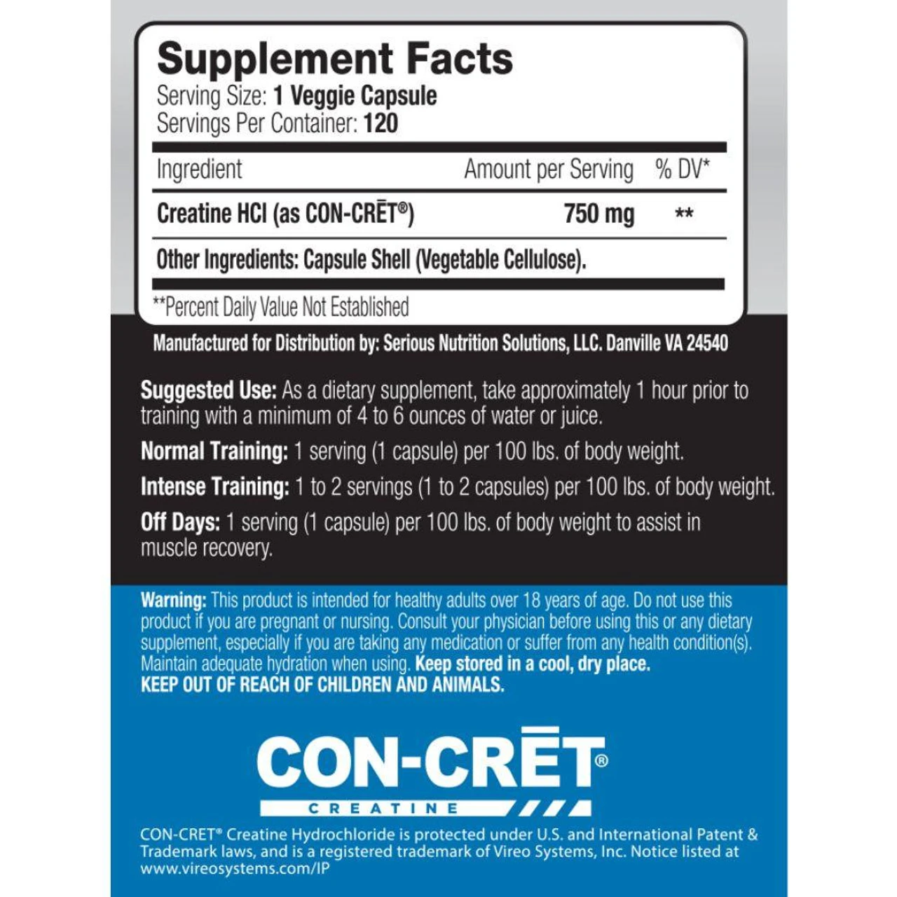 Serious Nutrition Solutions Creatine HCL 120 Caps 2 Serious Nutrition Solutions Creatine HCL 120 Caps - Image 2