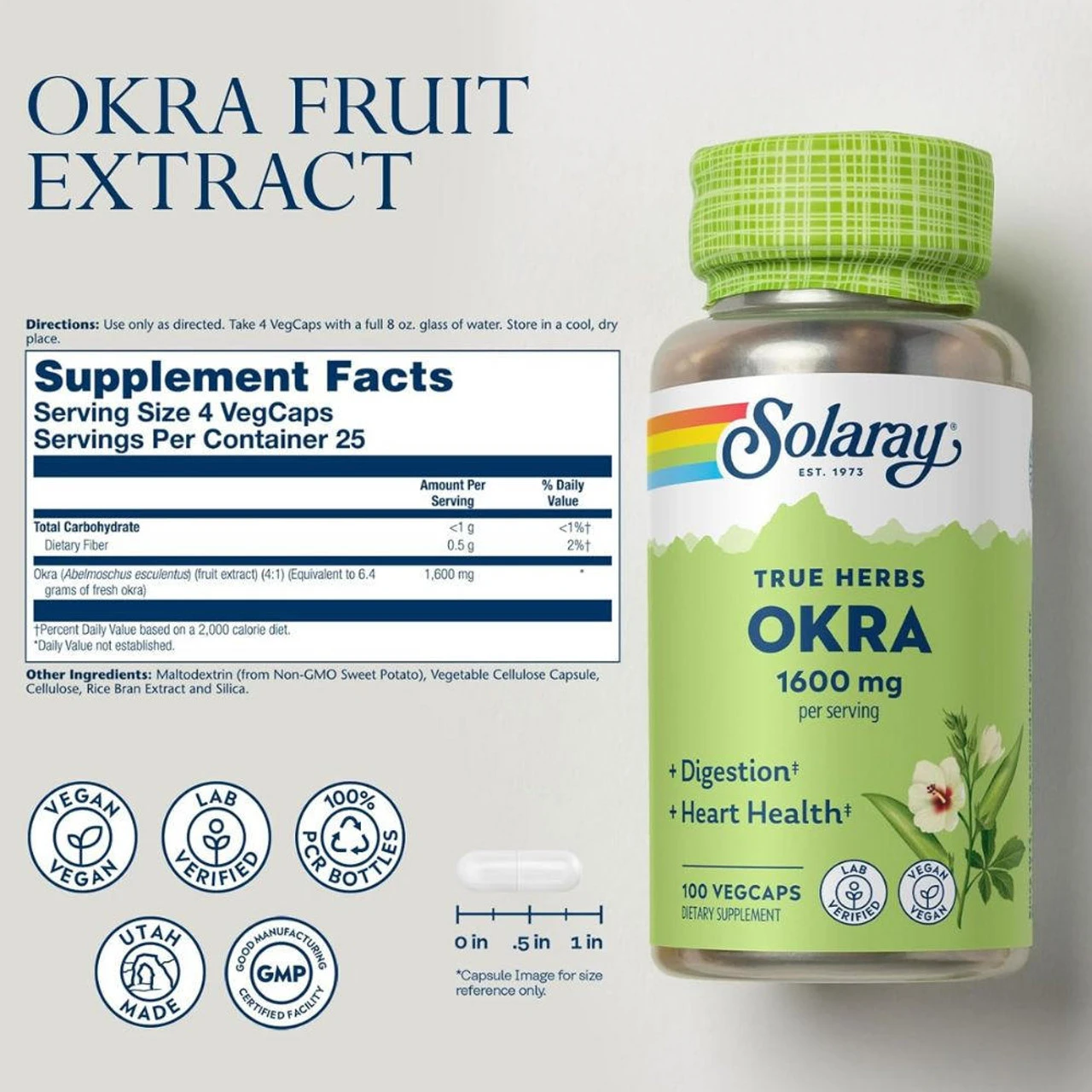 Solaray Okra 1,600mg 100 Capsules 2 Solaray Okra 1,600mg 100 Capsules - Image 2